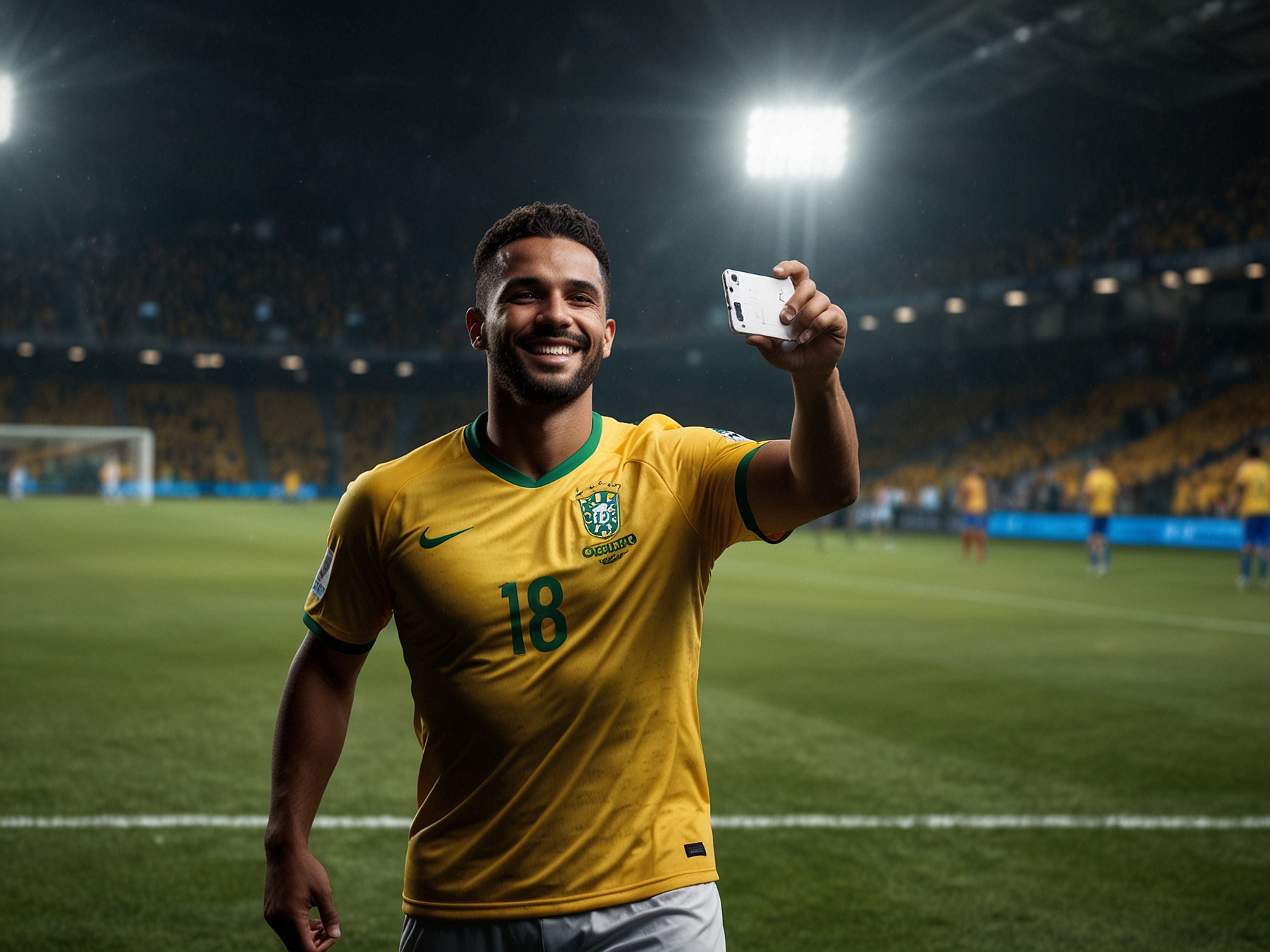 Excited Brazilian football fan celebrating with phone showing 865bet